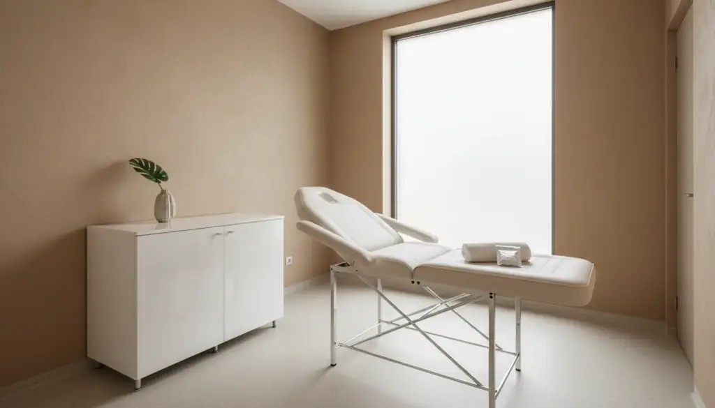 A white treatment table made up with a rolled towel beside a frosted window